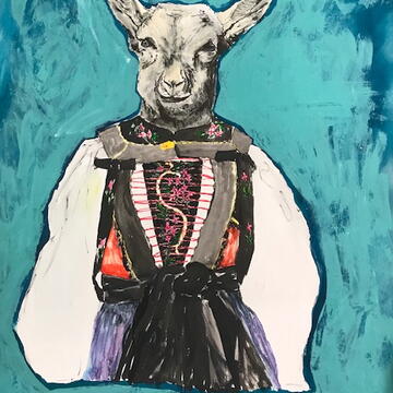 Ziege in montafoner Tracht, Acryl auf Papier