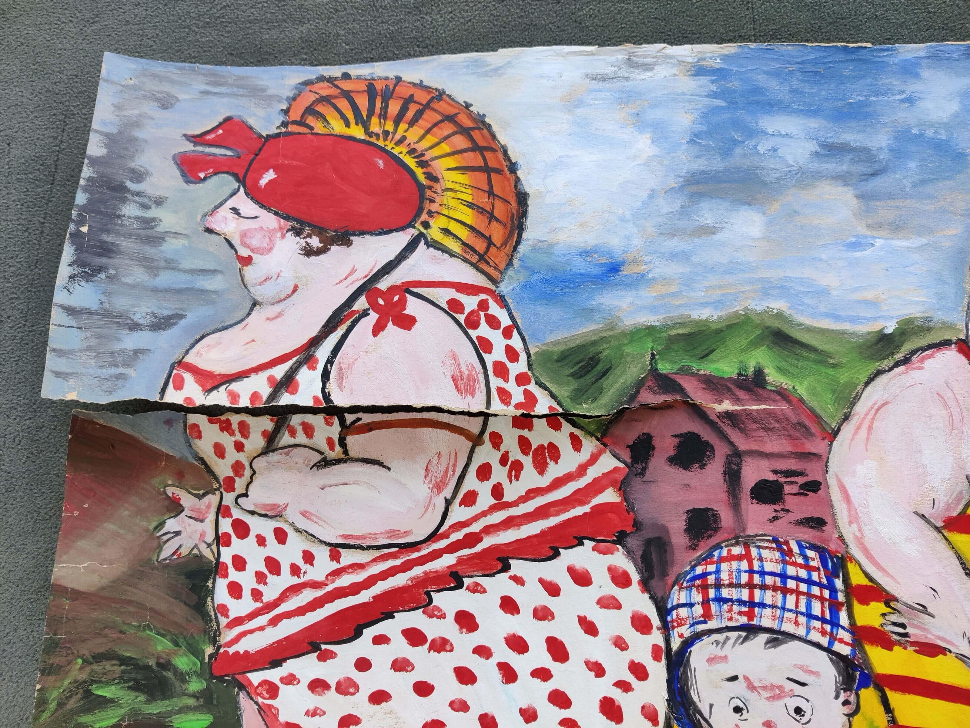 Professionelle Rissreparatur für Acrylbilder auf Papier - Ausgangslage: Bild mit einem großen Riss